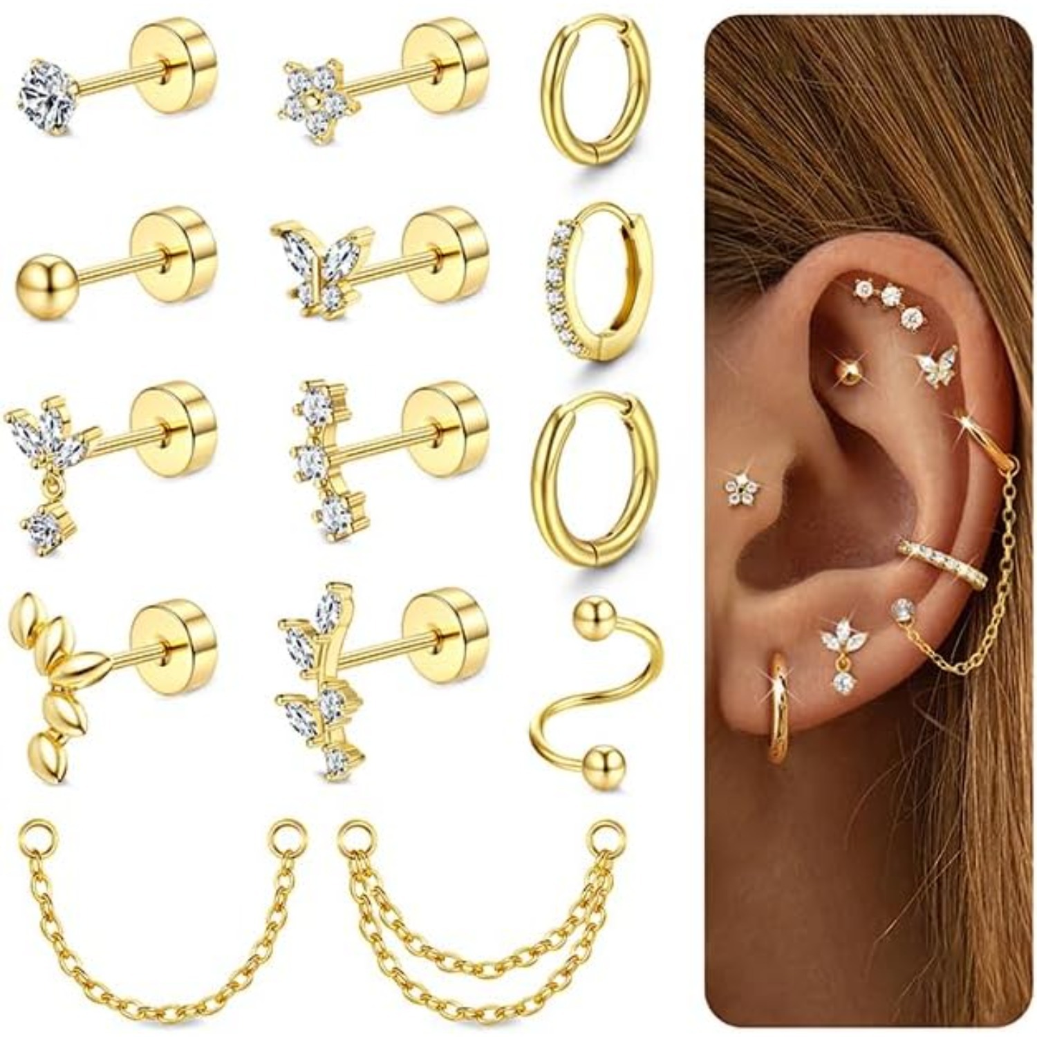 Body Jewelry Changing Kit - Bobisty Knorpel-Ohrringe für Damen, 14K vergoldet,