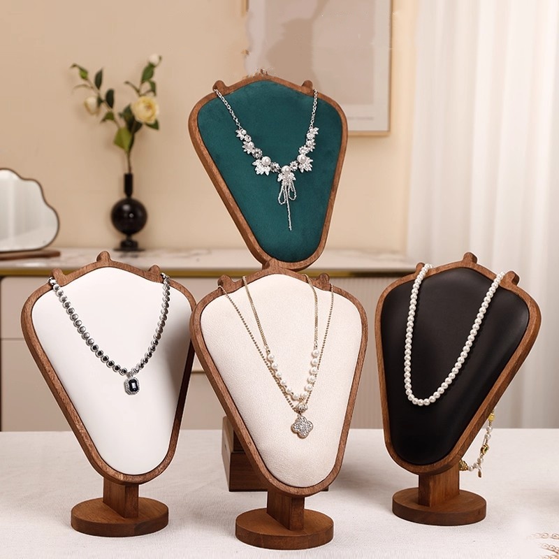 Body Jewelry Store - Holz-Halskettenständer mit weißer Leder-Softmatte, Halskettenhalter-Organizer, Desktop-Ständer