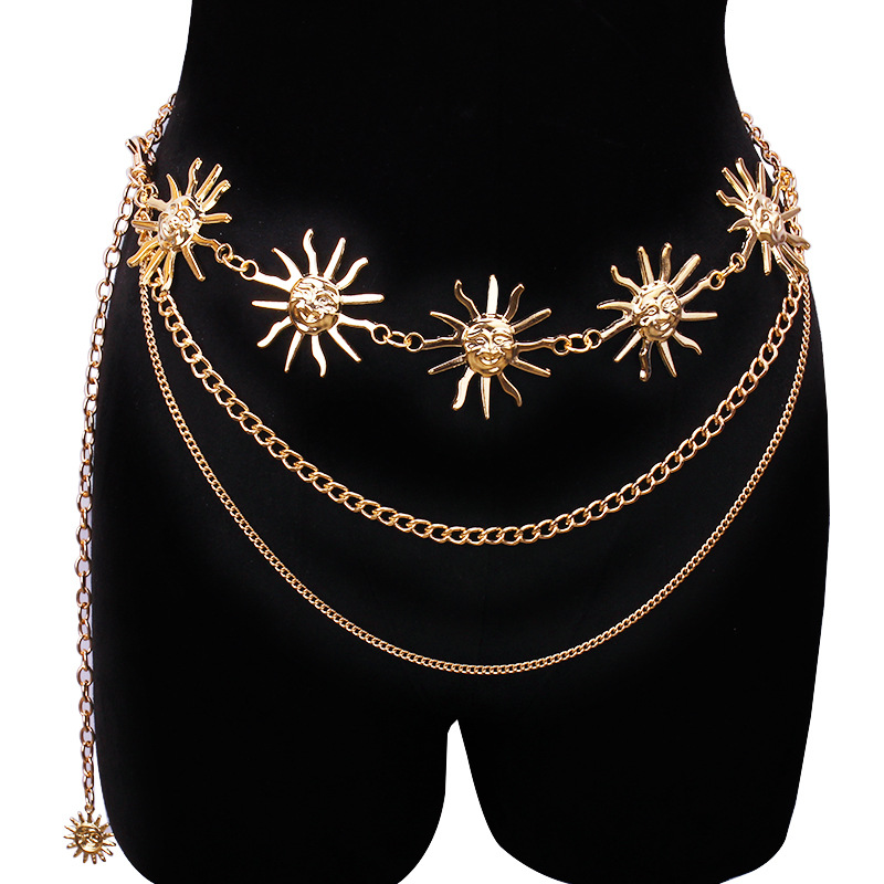 Body Jewels - Klobige mehrschichtige Punk-Gothic-Mond-Sonnen-Taillenkette, Metall-Taillengürtel für Frauen,